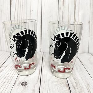 Vintage 50’s MCM Barware Grecian Equestrian Tumblers Set of 2 Cocktail Glasses